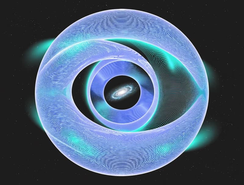 Abstract luminous aperture vault cradling an original galaxy capture at its center — the SkyVault original-file vault