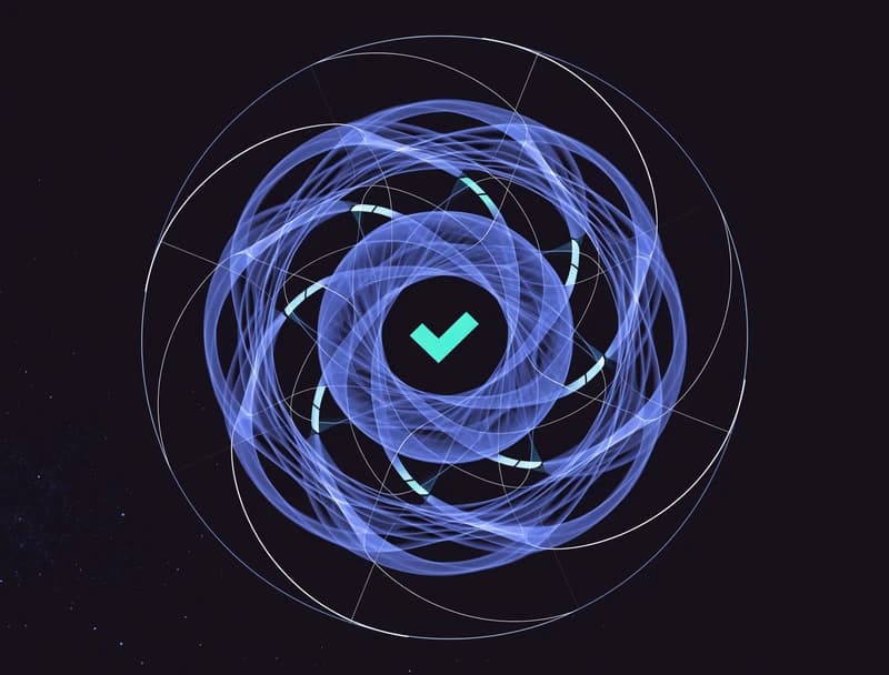 A circular provenance trust seal with a teal verified checkmark and faint concentric orbital rings — the rules-based trust label