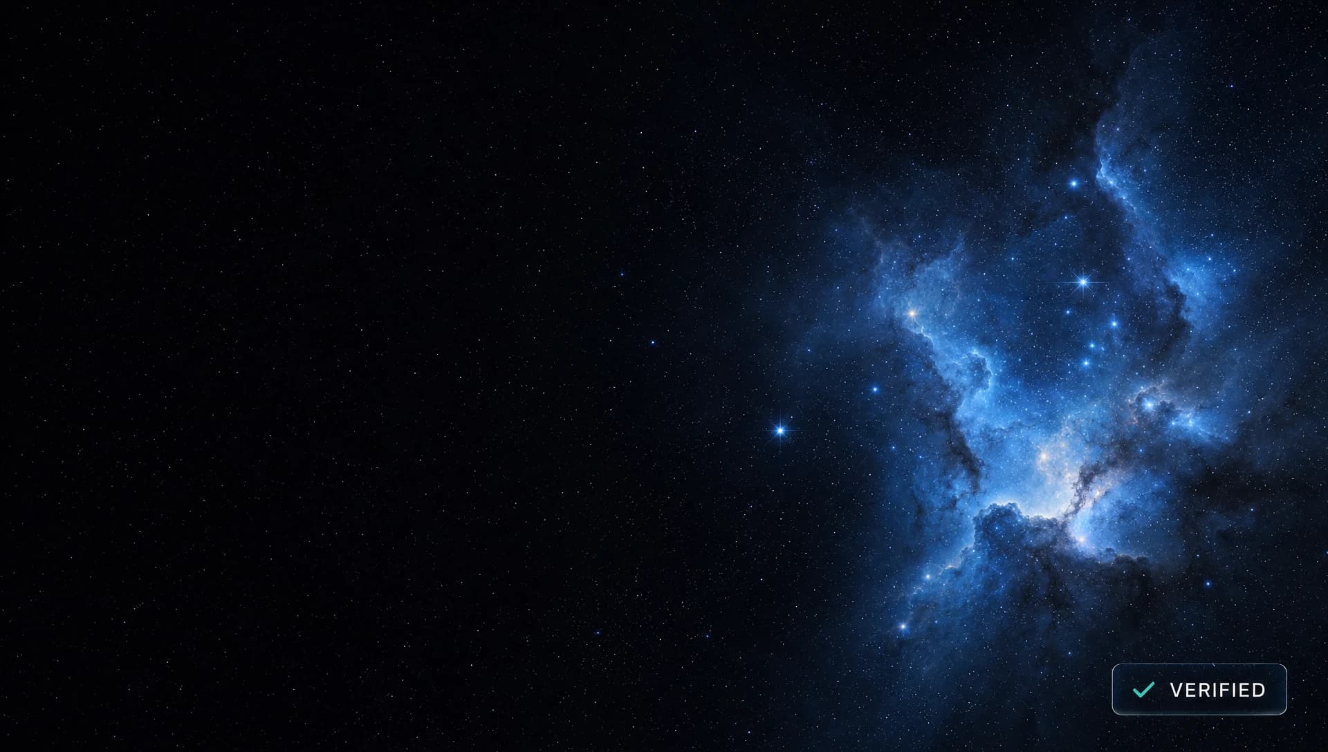 Deep-space star-field with a luminous blue nebula and a small verified provenance chip, with dark negative space for the headline